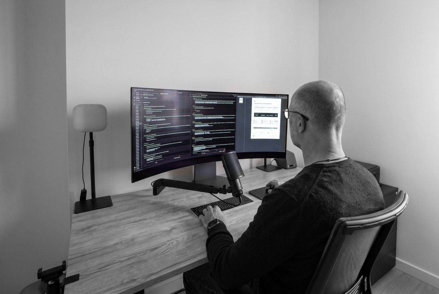 Stefan Colin aan zijn bureau, met code en een beheerscherm op een breed gebogen scherm